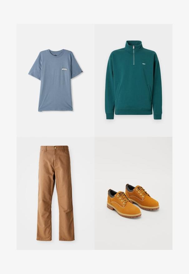 Türkisfarbener Sweatshirt mit Reißverschluss, hohem Kragen, vorderen Taschen und weißem "OBEY"-Logo auf der Brust. Weicher Stoff mit strukturierter Oberfläche.; Blaues Baumwoll-T-Shirt mit kurzen Ärmeln, Rundhalsausschnitt und einem kleinen Logodruck auf der linken Brustseite. Weicher Stoff, lockere Passform.; Braune gerade geschnittene Hosen mit Gürtelschlaufen, Vordertaschen, Knopfverschluss und Reißverschluss vor einem weißen Hintergrund.; Braune Wildlederschuhe mit einer runden Zehenpartie, gelben Schnürsenkeln, einem gepolsterten schwarzen Kragen und Gummisohlen mit Rillen für besseren Halt.