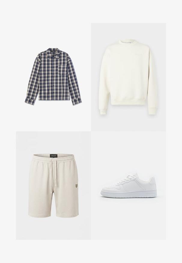 Lys beige sweatshirt med rund hals, ribbede manchetter og kant, blødt bomuldsstof, med et præget logo på forsiden.; Langærmet ternet skjorte i marineblå og crème med knaplukning foran, krave og en lille brystlomme med hvid tekst.; Lyse beige bomuldsshorts med elastisk taljebånd, snøre og lille broderet sort og guld fuglelogo på venstre lår.; Hvide sneakers lavet af glat syntetisk materiale, med flade snørebånd, perforeret tå og en gummisål med et tekstureret grebmønster.