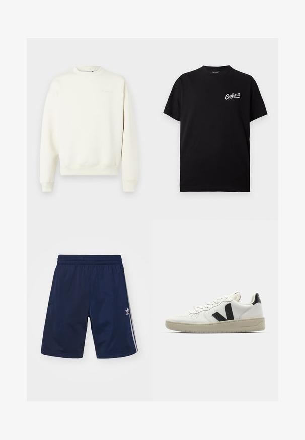 Lys beige sweatshirt med rund hals, ribbede manchetter og kant, blødt bomuldsstof, med et præget logo på forsiden.; Sort kortærmet crewneck t-shirt med lille hvid "Carhartt" logo på venstre bryst.; Marineblå atletikshorts lavet af et let materiale, med en elastisk talje og tre hvide striber på siderne. Adidas-logoet er vist.; Hvide lædersneakers med sort V-logo, perforeret tå, cremet gummisål, flade snørebånd og minimalistisk design.