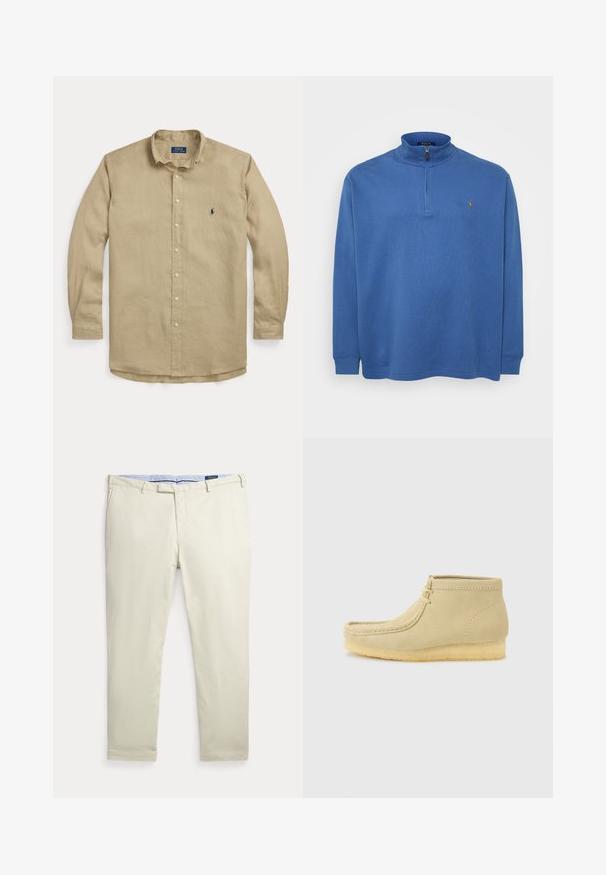 Blå zip-up pullover lavet af blødt stof med lange ærmer, høj krave og et lille logo på brystet. Struktureret design hele vejen igennem.; Beige langærmet skjorte med knapper, krave, forreste knapper og lille mørkeblå broderet logo på venstre bryst.; Beige herrebukser med lige ben, bæltestropper og forlommer, lagt fladt på en hvid baggrund.; Beige ruskindsankelhøj moccasin med kridtsål og snøre foran, sat mod en ensartet lys grå baggrund.