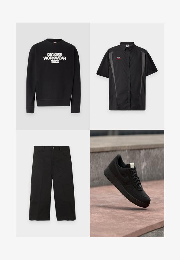 Sweat-shirt noir à col rond avec texte blanc texturé "DICKIES WORKWEAR 1922" sur la poitrine, poignets et ourlet côtelés.; Chemise noire à manches courtes avec panneaux latéraux gris et logo Umbro rouge et blanc sur la poitrine gauche.; Shorts noirs mi-cuisse avec poches avant, passants pour ceinture et fermeture par bouton sur un fond uni.; Baskets Nike Air Force 1 noires flottant au-dessus d’un rebord en béton rose avec un fond en pierre grise, montrant des détails latéraux et supérieurs.
