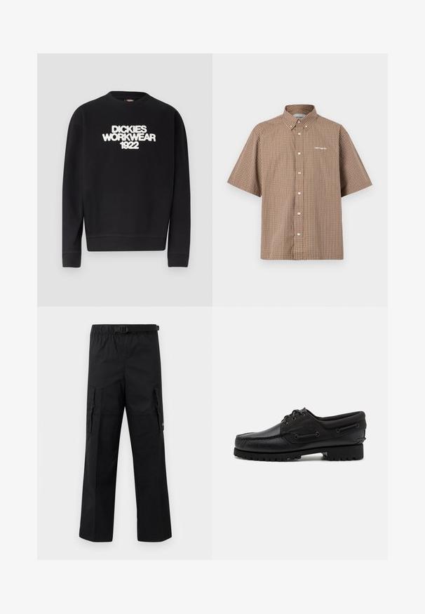 Sweat-shirt noir à col rond avec texte blanc texturé "DICKIES WORKWEAR 1922" sur la poitrine, poignets et ourlet côtelés.; Chemise à manches courtes marron et crème avec un motif à carreaux, un col et un logo brodé sur la poitrine gauche.; Pantalons cargo noirs avec une coupe large, une taille ajustable avec une boucle et deux poches latérales pour le rangement. Tissu léger.; Chaussure noire avec un dessus en cuir, des accents textiles, des lacets ronds et une semelle en caoutchouc texturé. Présente des coutures mocassins et des détails de marque.