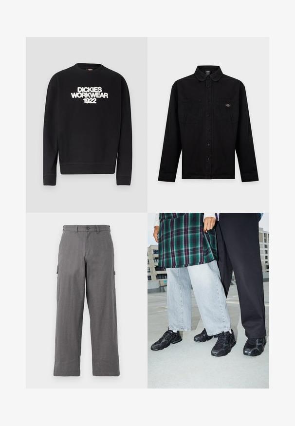 Sweat-shirt noir à col rond avec texte blanc texturé "DICKIES WORKWEAR 1922" sur la poitrine, poignets et ourlet côtelés.; Chemise noire à manches longues boutonnée avec deux poches poitrine, dont l’une arbore un écusson coloré du logo de la marque.; Pantalons cargo gris avec une coupe droite, fabriqués en tissu durable. Comprend des poches latérales et une fermeture à bouton à la taille.; Baskets de sport noires avec des accents en mesh et en caoutchouc. Portées avec un jean large gris clair et un haut à carreaux vert. Fond à surface plane.
