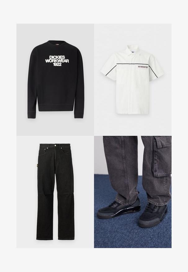 Čierna mikina s okrúhlym výstrihom s bielym textom "DICKIES WORKWEAR 1922" na hrudi, rebrované manžety a spodný lem.; Biela košeľa s krátkym rukávom na gombíky s čiernymi horizontálnymi pruhmi na rukávoch, dvoma prednými vreckami a nápisom "OBEY Design Industries" na hrudi.; Čierne džínsové nohavice s rovnou nohou, s prednými vreckami, zapínaním na gombíky a minimálnym kovovým vybavením pre čistý vzhľad.; Čierne športové topánky s textúrovaným povrchom, hladkými akcentmi a masívnou podrážkou, skombinované so šedými, voľnými cargo nohavicami.