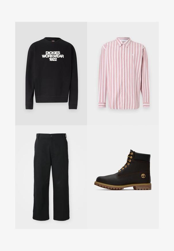 Sweat-shirt noir à col rond avec texte blanc texturé "DICKIES WORKWEAR 1922" sur la poitrine, poignets et ourlet côtelés.; Chemise à boutons rayée rose et blanche. Comprend un col, des manches longues et un petit logo. Fabriquée en tissu tissé.; Pantalons noirs à jambes larges en tissu doux. Présentent une fermeture à bouton, des passants de ceinture et des ourlets droits pour un ajustement décontracté.; Bottine noire en cuir avec œillets dorés, accents marron et semelle en caoutchouc. Comprend un col rembourré et un logo estampé sur le côté.