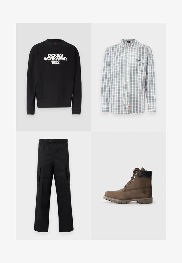 Sort crewneck-sweatshirt med hvidt, tekstureret tekst "DICKIES WORKWEAR 1922" på brystet, ribstrikkede manchetter og kant.; Rudchecket skjorte med knapper i hvid, grøn og blå. Har lange ærmer, krave, to frontlommer og en logobrodering på brystet.; Sorte cargo-bukser med bred ben-design, justerbar talje med spænde og to sidelommer til opbevaring. Letvægtsstof.; Brune læder ankelstøvle med sort krave, metaløjer og slidstærk grå sål. Har logo på siden og syet detaljer.