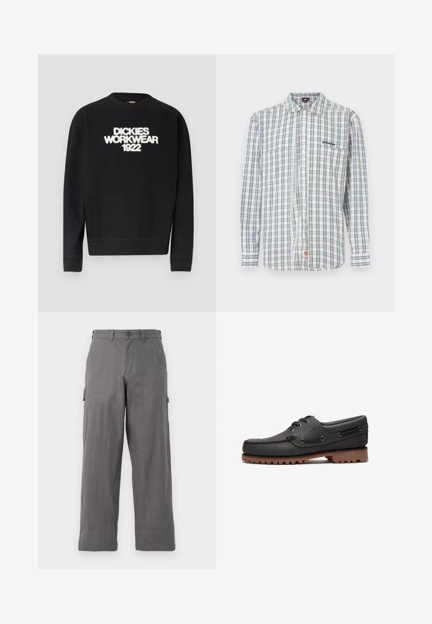 Schwarzer Rundhalsausschnitt-Pullover mit weißem, strukturiertem Text "DICKIES WORKWEAR 1922" auf der Brust, gerippte Bündchen und Saum.; Karierte Hemdjacke in Weiß, Grün und Blau. Verfügt über lange Ärmel, einen Kragen, zwei Fronttaschen und eine Logo-Stickerei auf der Brust.; Graue Cargo-Hosen mit geradem Bein-Design, aus strapazierfähigem Stoff. Mit Seitentaschen und einem Knopfverschluss an der Taille.; Schwarzes Bootsschuh aus Leder mit Schnürdetails, rundem Zehenbereich, strukturierter brauner Gummisohle und genähten Lederseiten.