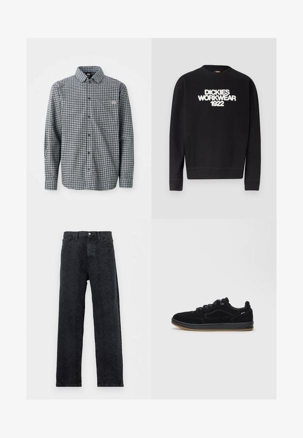 Čierna mikina s okrúhlym výstrihom s bielym textom "DICKIES WORKWEAR 1922" na hrudi, rebrované manžety a spodný lem.; Košeľa s dlhým rukávom, čiernobiela kockovaná, s golierom a malou logom nášivkou na ľavom vrecku na hrudi.; Čierne rifle s rovnými nohavicami a jemným tmavým zvieracím vzorom, zapínanie na gombík a zips, predné vrecká, zobrazené na bielom pozadí.; Čierne semišové tenisky s hladkou gumovou podrážkou, nízkym strihom, okrúhlymi šnúrkami a jemnými stehovými detailmi.