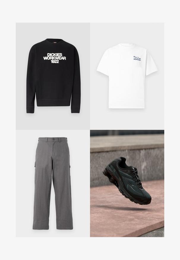 Sweat-shirt noir à col rond avec texte blanc texturé "DICKIES WORKWEAR 1922" sur la poitrine, poignets et ourlet côtelés.; T-shirt blanc à manches courtes avec col rond, présentant le texte bleu "Dickies" sur le côté gauche de la poitrine. Confectionné en coton doux, design simple.; Pantalons cargo gris avec une coupe droite, fabriqués en tissu durable. Comprend des poches latérales et une fermeture à bouton à la taille.; Baskets athlétiques noires avec une semelle intercalaire à coussin d’air visible flottant au-dessus d’une surface en pierre rose avec un mur en pierre gris en arrière-plan.