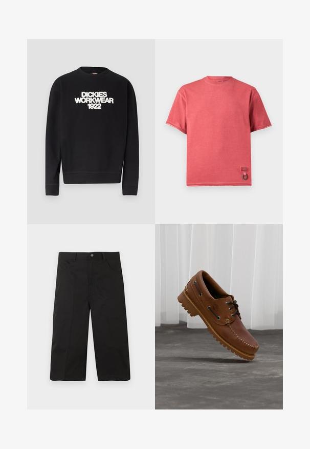 Sweat-shirt noir à col rond avec texte blanc texturé "DICKIES WORKWEAR 1922" sur la poitrine, poignets et ourlet côtelés.; T-shirt rouge délavé à manches courtes avec col rond, petite étiquette de marque et détail de boucle en métal près de l'ourlet inférieur.; Shorts noirs mi-cuisse avec poches avant, passants pour ceinture et fermeture par bouton sur un fond uni.; Chaussure de bateau en cuir marron avec des lacets noirs, des coutures beiges et une semelle robuste, suspendue au-dessus d'un sol en béton gris.