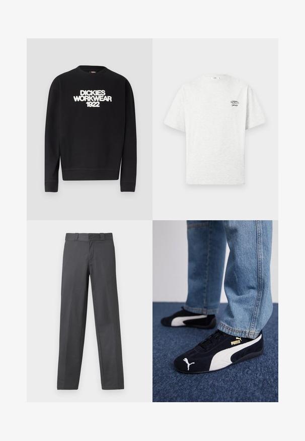 Sudadera negra con cuello redondo y texto blanco texturizado "DICKIES WORKWEAR 1922" en el pecho, puños y dobladillo acanalados.; Camiseta de manga corta color gris claro con cuello redondo, con un pequeño logo negro y el texto "MXVI" en el pecho superior izquierdo.; Pantalones grises confeccionados en una tela suave, con un diseño de pierna recta, cierre de botón y trabillas para cinturón; costuras mínimas y sin patrones.; Zapatillas de ante negras con acentos blancos, que presentan un logo dorado. Combinadas con unos jeans de mezclilla azul claro y colocadas sobre una superficie texturizada azul.