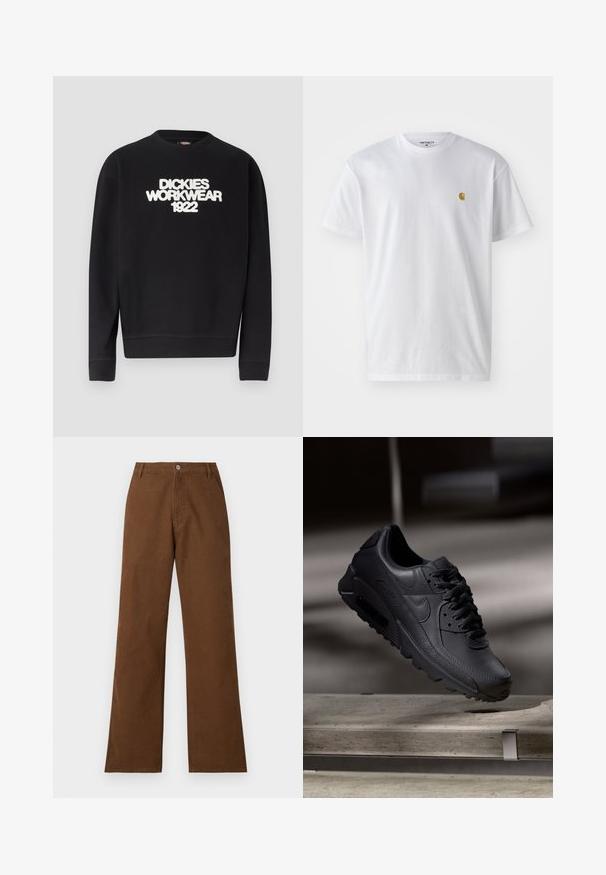Čierna mikina s okrúhlym výstrihom s bielym textom "DICKIES WORKWEAR 1922" na hrudi, rebrované manžety a spodný lem.; Biele bavlnené tričko s krátkymi rukávmi, okrúhlym výstrihom, s malým zlatým logom na ľavej strane hrude. Mäkká textúra a normálny strih.; Hnedé bavlnené nohavice so strihom rovného nohavice, zapínaním na gombík a dvoma prednými vreckami. Hladká textúra bez viditeľných vzorov alebo ozdôb.; Čierne tenisky Nike Air Max s textúrovaným koženým zvrškom, gumovou podrážkou a výrazným šnurovacím systémom, ktoré predvádzajú štýlový, moderný dizajn.