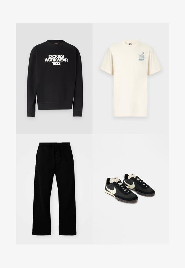 Zwarte crewneck trui met witte, gestructureerde tekst "DICKIES WORKWEAR 1922" over de borst, geribbelde manchetten en zoom.; Roomkleurig katoenen T-shirt met korte mouwen, met een blauw grafisch logo van The North Face en de tekst "Yosemite, CA" op de borst.; Zwarte broek met elastische tailleband en verstelbaar trekkoord, met wijde pijpen en een gladde katoentextuur. Geen zichtbare patronen of hardwaredetails.; Zwarte sportieve schoenen met een gestructureerde bovenkant, witte swoosh-logo en rubberen zool met kleine noppen voor grip. Crèmekleurige kraag.