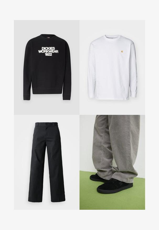 Sudadera negra con cuello redondo y texto blanco texturizado "DICKIES WORKWEAR 1922" en el pecho, puños y dobladillo acanalados.; Camiseta de manga larga blanca de algodón. Cuenta con un pequeño logo dorado en el pecho y un cuello redondo. Diseño simple y corte estándar.; Pantalones de pierna ancha negros hechos de algodón. Cuenta con cierre de botón, lazos para cinturón y bolsillos laterales. Textura suave con un corte ajustado.; Zapatillas de skate de ante negro con un acabado texturizado y un logo, combinadas con pantalones de pana gris con una textura acanalada. Superficie del suelo en verde.