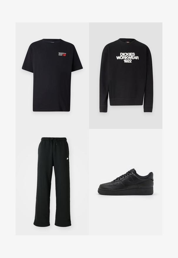 Čierna mikina s okrúhlym výstrihom s bielym textom "DICKIES WORKWEAR 1922" na hrudi, rebrované manžety a spodný lem.; Čierne bavlnené tričko s okrúhlym výstrihom. Má malé červené a biele logo a text "New Balance" na hornej ľavej strane hrude.; Čierne tepláky vyrobené z mäkkej tkaniny, s elastickým pásom a nastaviteľnou šnúrkou, a malým logom na boku.; Nike Sportswear AIR FORCE 1 07 FLYEASE - Tenisky - black