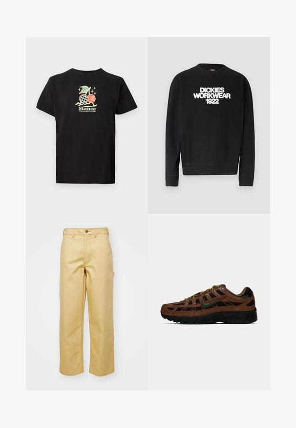 Čierna mikina s okrúhlym výstrihom s bielym textom "DICKIES WORKWEAR 1922" na hrudi, rebrované manžety a spodný lem.; Čierne bavlnené tričko s farebnou grafickou potlačou ananásu a čerešní, text znie "Stance Community Run Club." Krátke rukávy.; Béžové široké nohavice vyrobené z bavlny s predným zapínaním na gombík, pútkami na opasok a bočnými vreckami. Hladká textúra s viditeľnými švovými detailmi.; Hnedé a čierne nízke tenisky s zeleným logo Nike, žltými a čiernymi šnúrkami a čiernou podrážkou, bočný pohľad na jednoduchom pozadí.