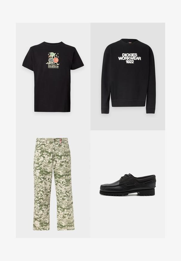 Čierna mikina s okrúhlym výstrihom s bielym textom "DICKIES WORKWEAR 1922" na hrudi, rebrované manžety a spodný lem.; Čierne bavlnené tričko s farebnou grafickou potlačou ananásu a čerešní, text znie "Stance Community Run Club." Krátke rukávy.; Pánske nohavice s rovnými nohavicami s pixelovaným maskáčovým vzorom v zelených a béžových odtieňoch a prednými vreckami, zobrazené na svetlom pozadí.; Čierna obuv s koženým zvrškom, textilnými akcentmi, okrúhlymi šnúrkami a textúrovanou gumovou podrážkou. Obsahuje mokasínové šitie a detaily s brandingom.