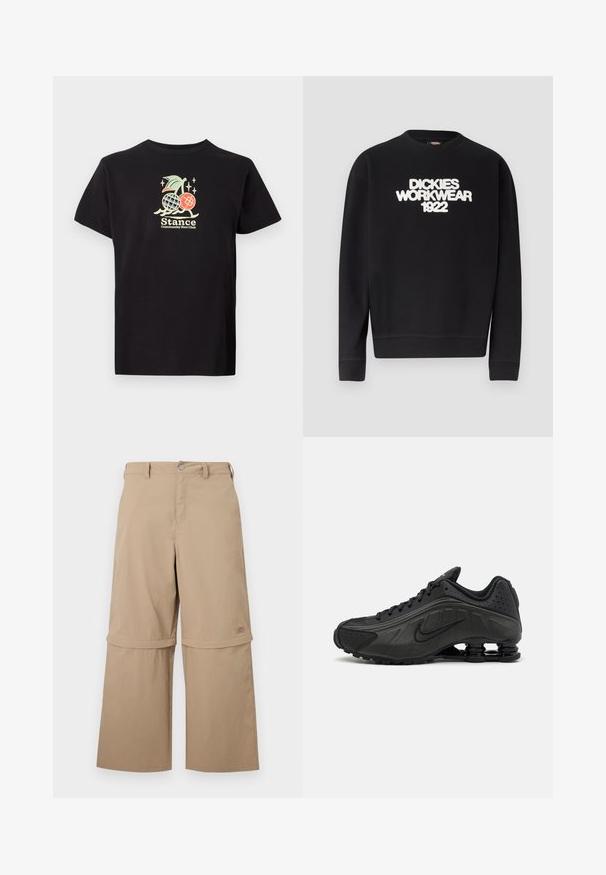 Zwarte crewneck trui met witte, gestructureerde tekst "DICKIES WORKWEAR 1922" over de borst, geribbelde manchetten en zoom.; Zwarte katoenen t-shirt met een kleurrijke grafische print van een ananas en kersen, tekst luidt "Stance Community Run Club." Korte mouwen.; Beige cargo-broek met afritsbare pijpen, riemlussen, zijzakken en knoopsluiting, afgebeeld op een witte achtergrond.; Zwarte hardloopschoenen met een glad bovenwerk van synthetisch materiaal, geperforeerde accenten, gestructureerde zijpanelen en een opvallende veerkrachtige zool.