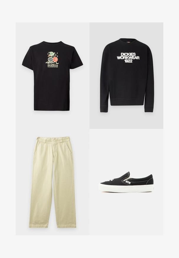 Sort crewneck-sweatshirt med hvidt, tekstureret tekst "DICKIES WORKWEAR 1922" på brystet, ribstrikkede manchetter og kant.; Sort bomulds t-shirt med et farverigt grafisk print af en ananas og kirsebær, teksten lyder "Stance Community Run Club." Korte ærmer.; Beige bomuldsbukser med en afslappet pasform, der har sidelommer, bæltestropper og lige ben. Glat tekstur med minimale syningsdetaljer.; Sort Vans slip-on sneaker med hvid gummisål, hvid syning og elastiske sidestropper, set fra ydersiden.