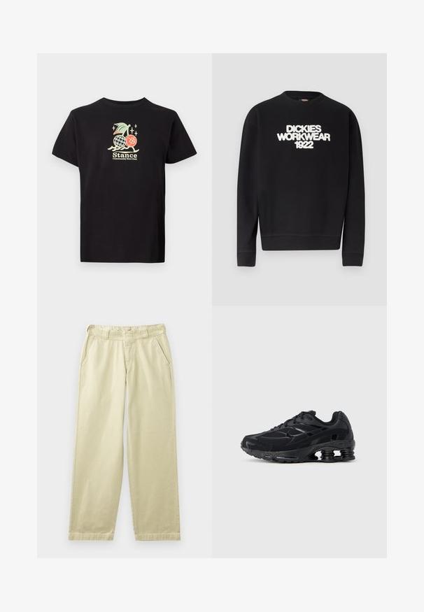 Čierna mikina s okrúhlym výstrihom s bielym textom "DICKIES WORKWEAR 1922" na hrudi, rebrované manžety a spodný lem.; Čierne bavlnené tričko s farebnou grafickou potlačou ananásu a čerešní, text znie "Stance Community Run Club." Krátke rukávy.; Béžové bavlnené nohavice s voľným strihom, vybavené bočnými vreckami, pútkami na opasok a rovnými nohavicami. Hladká textúra s minimálnymi detailmi švov.; Čierna športová obuv s hornou časťou z mikrovlákna, polstrovaným golierom a výraznou tlmiacou technológiou na päte. Má textúrované detaily a šnúrky.