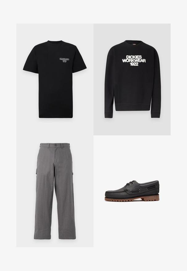Zwarte crewneck trui met witte, gestructureerde tekst "DICKIES WORKWEAR 1922" over de borst, geribbelde manchetten en zoom.; Zwarte katoenen t-shirt met korte mouwen en een ronde hals, met een witte bedrukte logo op de linkerborst. Gladde textuur, normale pasvorm.; Grijze cargobroek met een recht gesneden ontwerp, gemaakt van duurzame stof. Voorzien van zijzakken en een knoopsluiting bij de taille.; Zwart leren bootschoen met veters, ronde neus, gestructureerde bruine rubberen zool en gestikte leren zijkanten.
