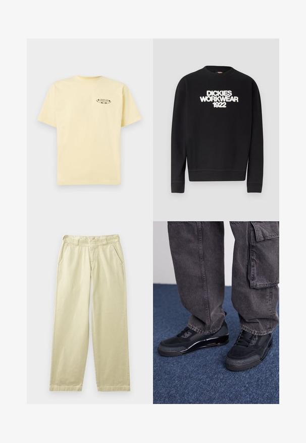 Čierna mikina s okrúhlym výstrihom s bielym textom "DICKIES WORKWEAR 1922" na hrudi, rebrované manžety a spodný lem.; Žlté bavlnené tričko s krátkymi rukávmi a okrúhlym výstrihom, s potlačeným grafickým logom na ľavej hrudi.; Béžové bavlnené nohavice s voľným strihom, vybavené bočnými vreckami, pútkami na opasok a rovnými nohavicami. Hladká textúra s minimálnymi detailmi švov.; Čierne športové topánky s textúrovaným povrchom, hladkými akcentmi a masívnou podrážkou, skombinované so šedými, voľnými cargo nohavicami.