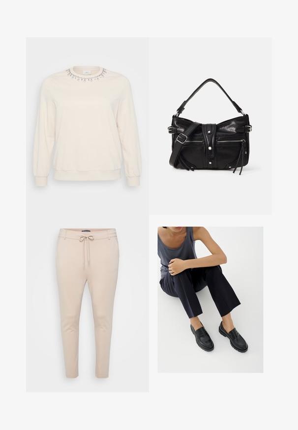 Lys beige sweatshirt med lange ærmer, rund halsudskæring og dekorative krystaludsmykninger langs kraven. Blød stoftekstur.; Beige letvægts joggerbukser med snoretræk i taljen og to sidelommer. Glat tekstur, tapered ben og minimalt sømadetail.; Sorte læderloafers med teksturerede detaljer, lav hæl, rund tå og synlige syninger. Modellen bærer mørke bukser og en grå top.; Even&Odd H24462 - Håndtasker - black