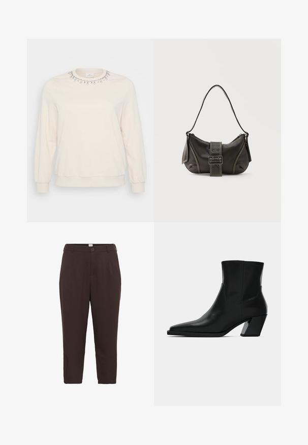 Lys beige sweatshirt med lange ærmer, rund halsudskæring og dekorative krystaludsmykninger langs kraven. Blød stoftekstur.; Brune, knælange bukser lavet af et glat, vævet stof, der har en knaplukning og to sidelommer til praktisk brug.; Sortlæder ankelstøvle med spids tå, en slank silhuet og en kraftig firkantet hæl. Glat tekstur med minimale stikninger.; Sort læder skuldertaske med spænde på remmen, afrundede kanter og kontrasterende hvide syninger på en ensfarvet baggrund.