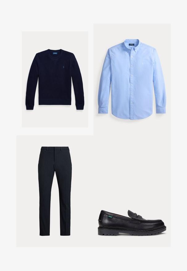 Marineblauer Strickpullover mit V-Ausschnitt, gerippten Bündchen und Saum. Verfügt über ein kleines Logo auf der linken Brust. Strukturierter Stoff für Wärme.; Hellblaues langärmliges Hemd mit Knopfleiste, geknöpftem Kragen und kleinem besticktem Logo auf der linken Brust.; Herren Schwarze Anzughose mit dünnen weißen vertikalen Nadelstreifen, Gürtelschlaufen und geradem Bein.; Schwarzer Lederloafer mit dicker Profilsohle und kleinem grünen "Polo"-Etikett an der Außenseite nahe der Ferse.