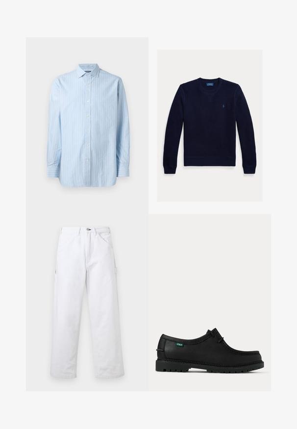 Jersey de punto azul marino con cuello en V, puños y dobladillo acanalados. Presenta un pequeño logo en el pecho izquierdo. Tejido texturizado para mayor calidez.; Camisa de manga larga azul claro con rayas verticales blancas, cuello con botones y cierres de botón en el frente. Tejido de algodón texturizado.; Pantalones blancos de tiro alto con pierna recta, trabillas para cinturón, bolsillos delanteros, cierre de botón y un bolsillo utilitario lateral sobre un fondo liso.; Zapato casual negro de cuero con cordones, suela gruesa con relieve y pequeña etiqueta verde "Polo" en el lado cerca del talón.