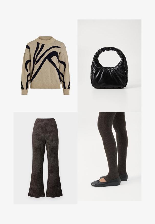 Suéter de punto beige con líneas curvas abstractas negras, con cuello alto acanalado, puños y dobladillo, exhibido sobre un fondo blanco.; Pantalones negros acampanados hechos de un tejido texturizado con un diseño de punto, que cuentan con una cintura alta y piernas anchas.; Piernas con leggings oscuros acanalados combinados con bailarinas negras que presentan pequeños detalles de lazo sobre un fondo blanco.; Bolso negro acolchado con un asa redondeada, que presenta una superficie lisa y brillante y una textura suave y acolchada. Sin herrajes ni acentos visibles.