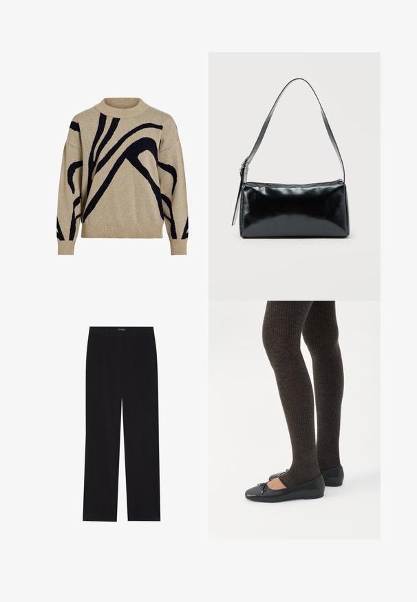Suéter de punto beige con líneas curvas abstractas negras, con cuello alto acanalado, puños y dobladillo, exhibido sobre un fondo blanco.; Pantalones de pana negra con corte recto, que cuentan con una cinturilla plana y sin bolsillos visibles, textura suave y detalle de acolchado vertical.; Piernas con leggings oscuros acanalados combinados con bailarinas negras que presentan pequeños detalles de lazo sobre un fondo blanco.; Bolso de hombro rectangular negro con una correa ajustable y un cierre de cremallera superior sobre un fondo liso.