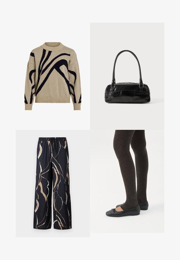 Beige striktrøje med sorte abstrakte buede linjer, ribstrikket høj hals, manchetter og kant, præsenteret mod hvid baggrund.; Bredde ben bukser i et mørkt navy stof, med et dristigt abstrakt mønster i beige og hvid. Elastisk talje med snøre.; Ben iført mørke ribbede leggings kombineret med sorte balletsko med små sløjfedetaljer på hvid baggrund.; Sort læderhåndtaske med rektangulær form, der har et enkelt struktureret håndtag, sølvhardware og lynlås-lukning. Glat tekstur.