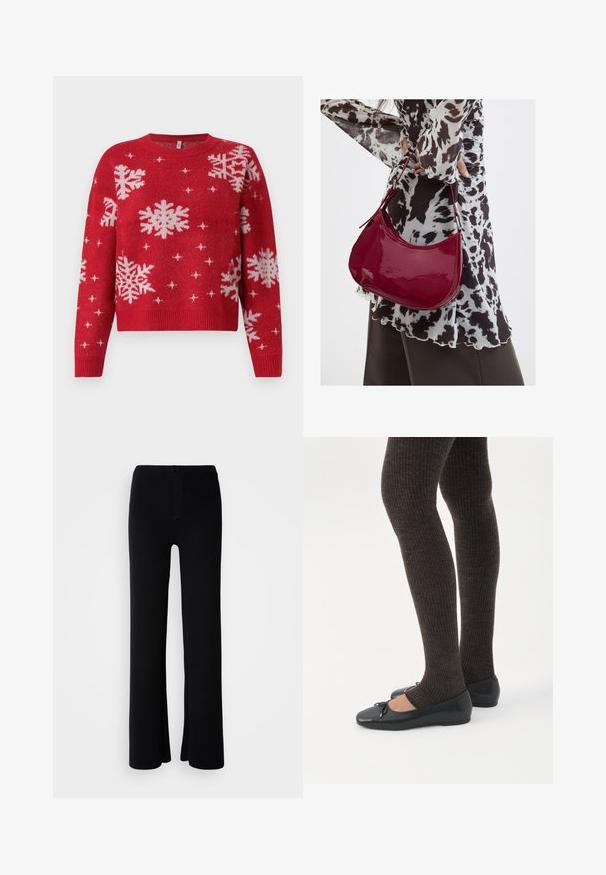 Rode trui met een ronde halslijn, versierd met witte sneeuwvlokken en sprankelende accenten. Geribbelde mouwen en zoom, cropped ontwerp.; Zwarte flared pantalons van zachte stof, met een sluiting met knopen aan de voorkant en een gladde, onversierde uitstraling.; Benen met donkere geribbelde leggings gecombineerd met zwarte ballerina's met kleine strikdetails op een witte achtergrond.; Vrouw met een zwart-wit gebloemde blouse houdt een glanzende rode schoudertas vast tegen een effen achtergrond.