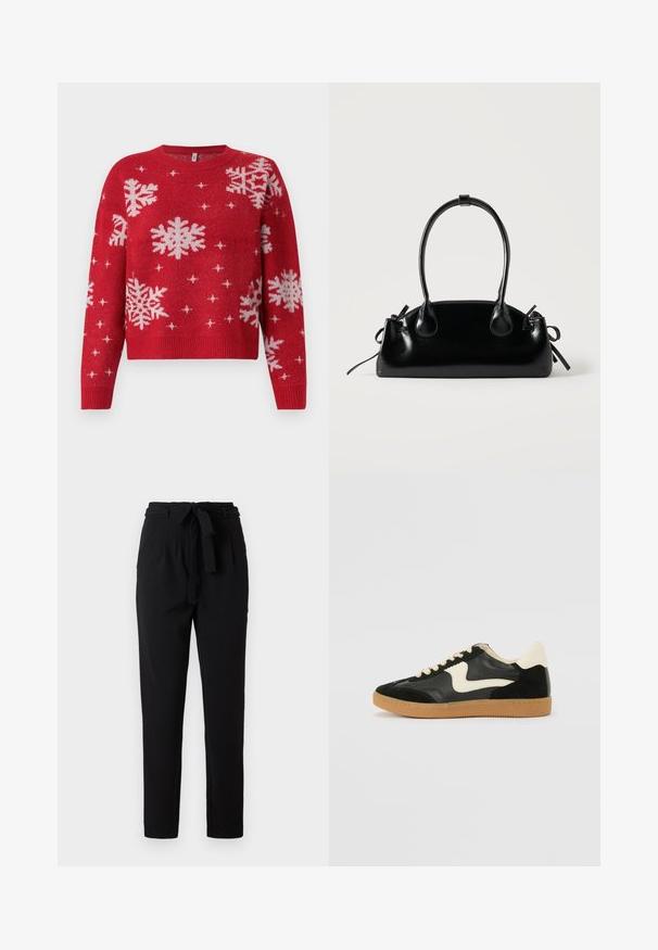 Pull rouge avec un col rond, orné de flocons de neige blancs et d'accents scintillants. Manches et ourlet côtelés, design cropped.; Pantalons noirs en matériau doux et flexible, dotés d'une taille à nouer, de plis à l'avant et d'une conception de jambe fuselée.; Baskets en daim et cuir noir avec un swoosh latéral crème et un talon crème clair. Dotées de lacets beige et d'une semelle en caoutchouc gomme.; Petit sac à main noir brillant avec deux longues anses et des détails à cordon sur les côtés sur un fond clair uni.