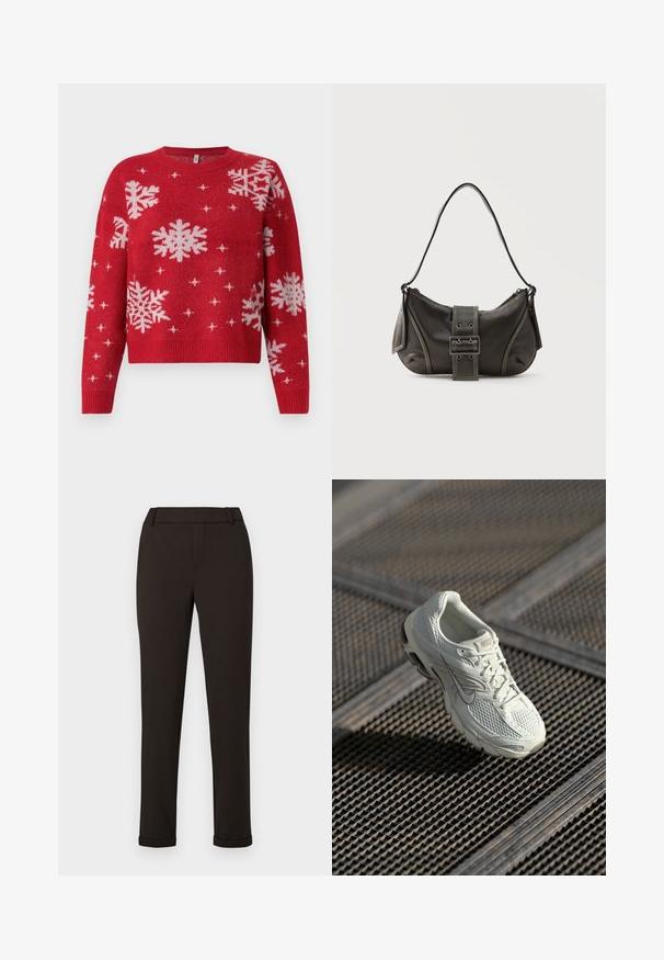 Rød sweater med en rund halsudskæring, med hvide snefnug og glitrende detaljer overalt. Ribbet manchetter og kant, cropped design.; Sorte slim-fit bukser med bæltestropper og manchetter mod en ensfarvet hvid baggrund.; Hvide Nike løbesko med overdel i mesh og syntetisk materiale, som hviler på metalristgulv i blødt naturligt lys.; Sort læder skuldertaske med spænde på remmen, afrundede kanter og kontrasterende hvide syninger på en ensfarvet baggrund.