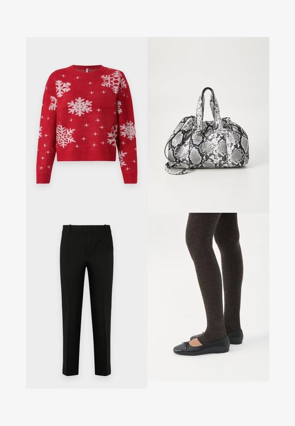Suéter rojo con cuello redondeado, decorado con copos de nieve blancos y acentos brillantes. Puños y dobladillo acanalados, diseño corto.; Pantalones negros de corte ajustado, con un frente plano, bolsillos laterales y una textura suave. Diseñados con una cintura de altura media y perneras estrechas.; Piernas con leggings oscuros acanalados combinados con bailarinas negras que presentan pequeños detalles de lazo sobre un fondo blanco.; Bolso de mano con patrón de piel de serpiente en blanco y negro, con dos asas, un cierre de cordón y una correa para el hombro desmontable. Textura suave.