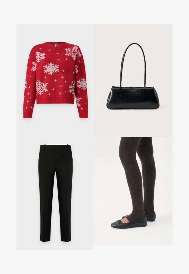 Suéter rojo con cuello redondeado, decorado con copos de nieve blancos y acentos brillantes. Puños y dobladillo acanalados, diseño corto.; Pantalones negros de corte ajustado, con un frente plano, bolsillos laterales y una textura suave. Diseñados con una cintura de altura media y perneras estrechas.; Piernas con leggings oscuros acanalados combinados con bailarinas negras que presentan pequeños detalles de lazo sobre un fondo blanco.; Bolso de hombro rectangular negro con correas largas y delgadas y una textura lisa y brillante sobre un fondo liso.