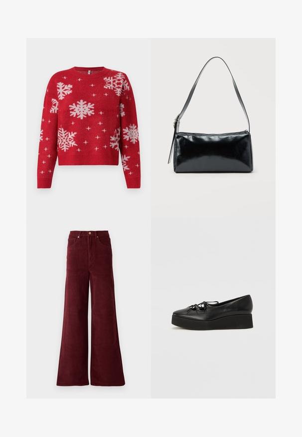 Rode trui met een ronde halslijn, versierd met witte sneeuwvlokken en sprankelende accenten. Geribbelde mouwen en zoom, cropped ontwerp.; Burgundy wijde corduroy broek met hoge taille, voorzakken en een knoopsluiting. Geweven ribstof over de gehele lengte.; Zwarte leren plateau-schoenen met een ronde neus, voorzien van een platte zwarte zool en decoratieve strikveters aan de voorkant.; Zwarte rechthoekige schoudertas met een enkele verstelbare band en een bovenste ritssluiting op een effen achtergrond.