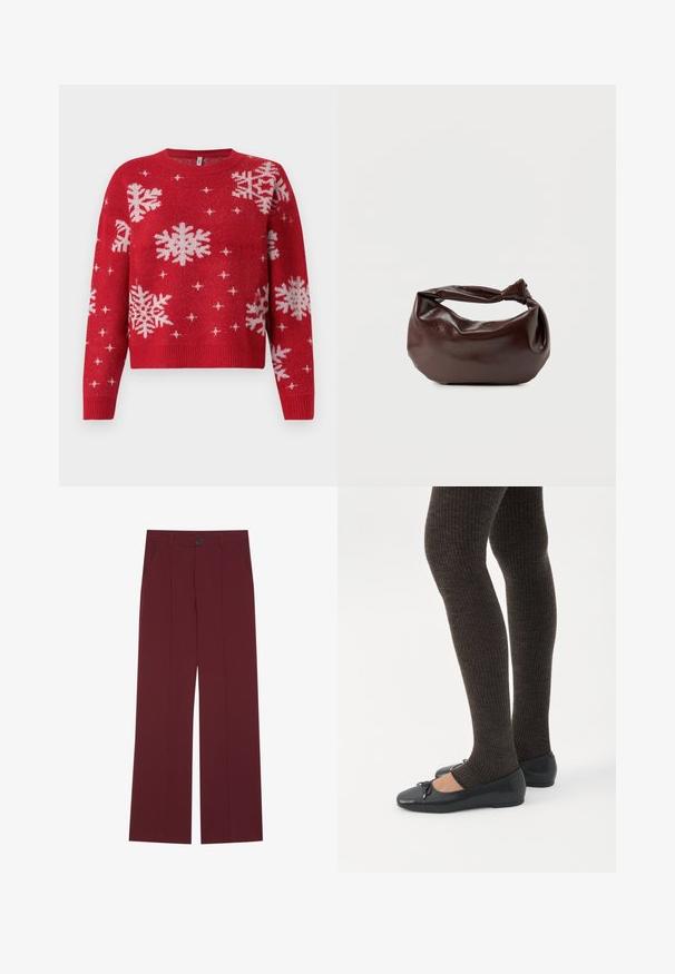 Pull rouge avec un col rond, orné de flocons de neige blancs et d'accents scintillants. Manches et ourlet côtelés, design cropped.; Pantalons bordeaux avec une coupe évasée, dotés d'une fermeture à bouton, de deux poches latérales et de détails plissés à l'avant. Texture de tissu lisse.; Jambes portant des leggings côtelés foncés associés à des ballerines noires avec de petits détails en nœud sur fond blanc.; Sac bandoulière en cuir marron foncé avec une forme souple et décontractée et une anse nouée torsadée sur un fond blanc uni.