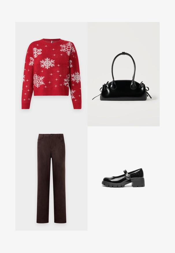 Suéter rojo con cuello redondeado, decorado con copos de nieve blancos y acentos brillantes. Puños y dobladillo acanalados, diseño corto.; Pantalones rectos de ante marrón oscuro con cierre de botón delantero y cremallera, trabillas para cinturón y bolsillos laterales.; Zapato Mary Jane de charol negro con tacón grueso, puntera redondeada y una correa que presenta un detalle de hebilla en forma de corazón.; Pequeño bolso negro brillante con dos asas largas y detalles de cordón lateral sobre un fondo claro liso.