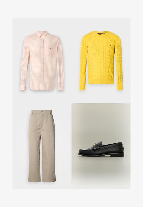 Kollane nööridega kudum, pikad varrukad, ümar kaelus ja väike Tommy Hilfiger logo rinnal valge taustal.; Kerge oranž ja valge ruuduline kangasärk, millel on pikad varrukad, nööbid alla kaeluses ja rinnataskus. Taskul on peen logo.; Beežid laia lõikega püksid puuvillast; ees on tikand taskud, nööpidega kinnis ja nähtav õmblus äärte juures.; Mustast nahast libisev loafers madala kandaga, kuldse pandla detailiga ja küljele pressitud brändinimega neutraalse tausta taustal.