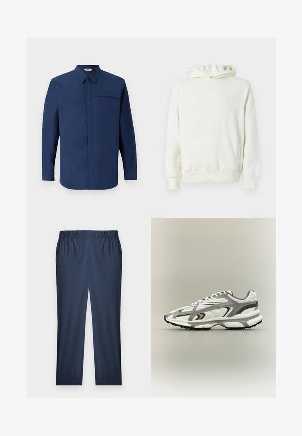 Witte sweater met capuchon, lange mouwen, een voorzak en een subtiel reliëflogo op de linkerborst.; Marineblauw overhemd met lange mouwen, een button-down kraag, een enkele borstzak en een schone, gladde textuur. Bevat een klein logo op de zak.; Recht gesneden broek met elastische taille in marineblauw, gemaakt van een subtiel gestructureerde stof en een vlakke voorkant.; Sportschoen met een witte mesh bovenkant, grijze accenten, zwarte rubberen zool en een gestroomlijnd ontwerp. Bevat veters en textuurdetails.