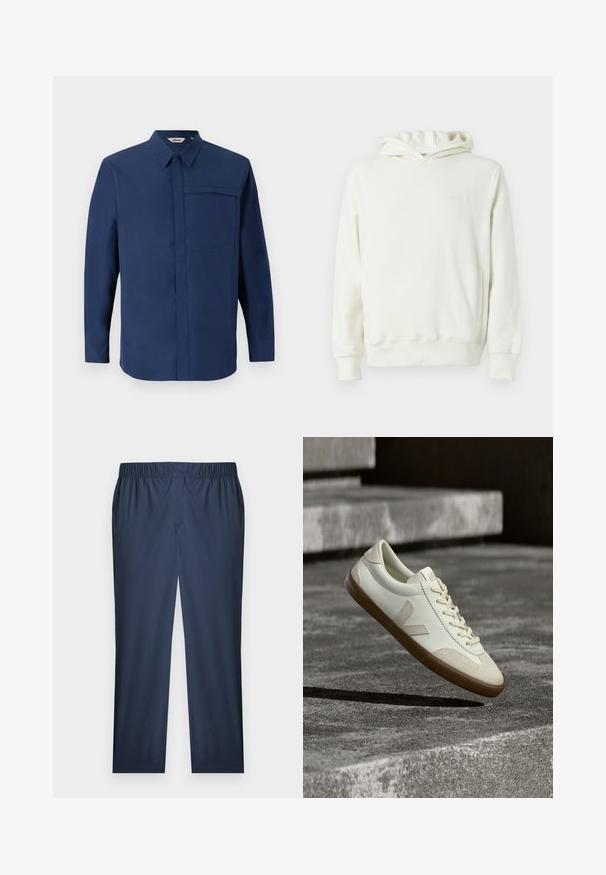 Hvid pullover hoodie med lange ærmer, frontlomme og subtilt præget logo på venstre bryst.; Marineblå langærmet skjorte med knapkrave, enkelt brystlomme og en ren, glat tekstur. Har et lille logo på lommen.; Mørkeblå elastik-bukser med lige ben, lavet af et subtilt tekstureret stof og med flad front.; Hvide læder sneakers med tanfarvet gummisål, flade snørebånd og V-formet detalje på siden. Har en glat overflade og minimale syninger.