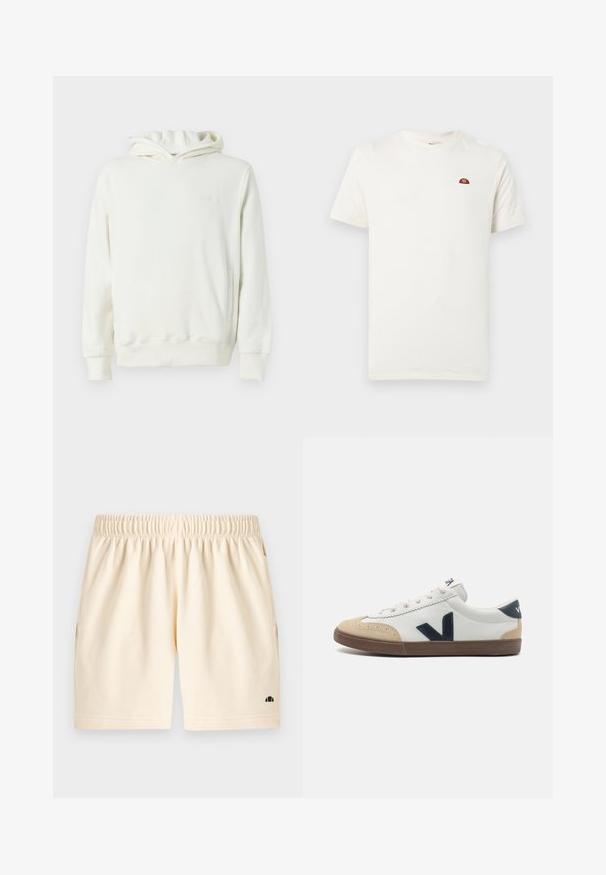 Sweat à capuche blanc avec manches longues, poche kangourou à l'avant et logo en relief discret sur la poitrine gauche.; T-shirt blanc à manches courtes avec col rond, doté d'un petit logo rouge et orange sur le côté gauche de la poitrine, sur un fond uni.; Shorts de couleur crème avec ceinture élastique, poches latérales et un petit logo noir près de l'ourlet inférieur sur la jambe gauche.; Sneaker en cuir blanc avec un capuchon beige, un logo "V" latéral bleu marine et une semelle en caoutchouc marron. Présente des lacets ronds et des accents texturés.