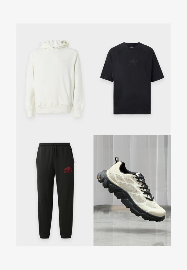 Sudadera con capucha blanca, de manga larga, con un bolsillo frontal tipo canguro y un logotipo sutil en relieve en el lado izquierdo del pecho.; Camiseta negra de manga corta con cuello redondo, con un sutil logo de Umbro en relieve centrado en el pecho.; Pantalones de chándal negros con cintura y puños elásticos, bolsillos laterales y logo rojo de Umbro en el muslo izquierdo.; Zapatilla de trail running en beige claro y negro, con suela rugosa, parte superior de malla transpirable y tirador en el talón, mostrada flotando sobre un suelo de mármol.