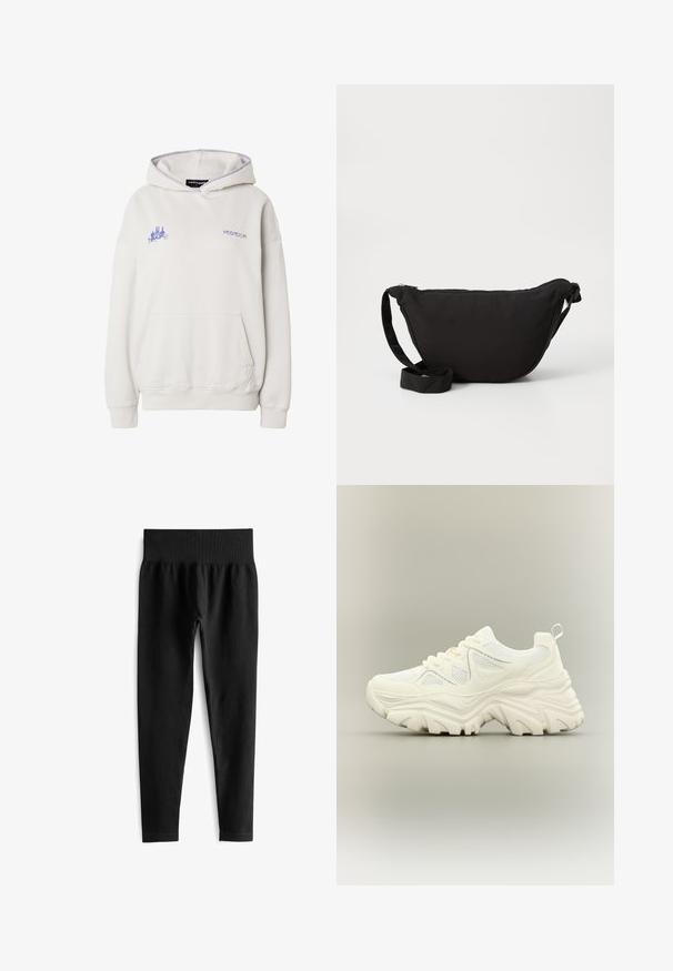 Sudadera con capucha color beige claro con bolsillo delantero, pequeño gráfico púrpura en el pecho izquierdo y texto "PEGADOR" en el pecho derecho.; Leggings negros acanalados con una amplia cinturilla elástica, que presentan una silueta ajustada y una textura suave. Sin hardware visible ni patrones.; Zapatilla blanca gruesa con suela gruesa y texturizada, paneles de malla, cierre de cordones en la parte delantera y tira en el talón sobre un fondo neutro.; Bolso hobo negro de tela suave, con forma curva, cierre de cremallera y una amplia correa ajustable. Textura suave sin patrones.