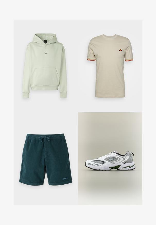 Lys grøn hoodie med en frontlomme, snøre i huen og et lille logo på brystet. Blødt stof, ribbede ærmer og kant. Simpelt design.; Beige bomulds t-shirt med korte ærmer, ribbet rund hals og røde, gule og orange stribede detaljer på ærmerne. Har et broderet logo.; Mørkegrønne kordfløjsbadetights med elastisk talje og snøre. Har logo på den nederste højre ben. Glat tekstur, knælangt design.; Hvid og grå sporty løbesko med mesh-paneler, grønne detaljer, sorte elementer og et logo på siden, vist fra ydersiden.