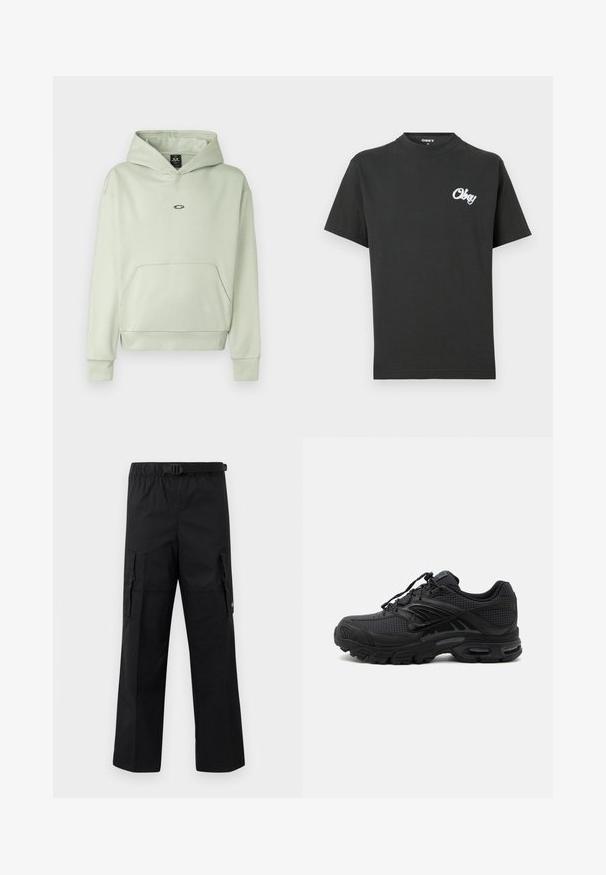 Lys grøn hoodie med en frontlomme, snøre i huen og et lille logo på brystet. Blødt stof, ribbede ærmer og kant. Simpelt design.; Sort T-shirt med korte ærmer og lille hvid "Obey"-tekstlogo på venstre bryst, rund hals, størrelse medium angivet inde i kraven.; Sorte cargo-bukser med bred ben-design, justerbar talje med spænde og to sidelommer til opbevaring. Letvægtsstof.; Sort atletisk sneaker med tekstureret stof, tyk polstret sål, luftventiler og snørelukning, vist fra siden på en lys baggrund.