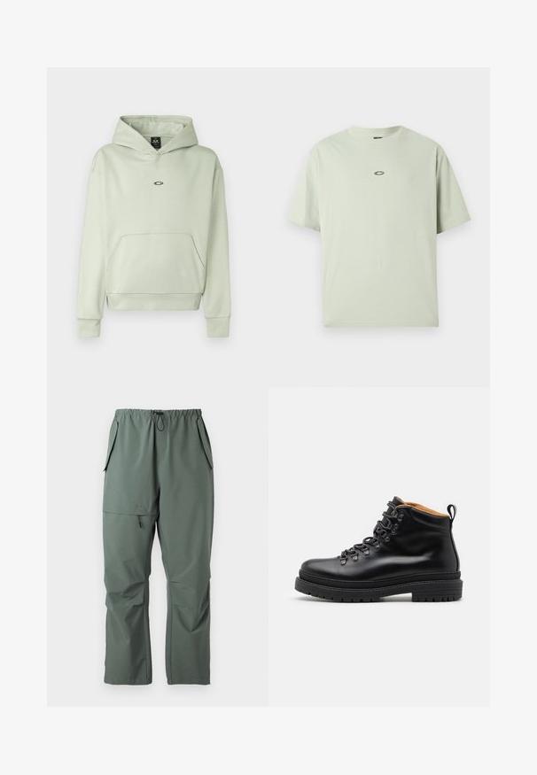 Haut à capuche vert clair avec une poche frontale, une capuche à cordon, et un petit logo sur la poitrine. Tissu doux, poignets et ourlet côtelés. Design simple.; T-shirt à manches courtes vert clair en tissu doux, avec un col ras du cou et un petit logo circulaire au centre. Design minimal.; Pantalons verts légers avec une taille élastique, cordon de serrage et plusieurs poches. Texture lisse avec une coupe décontractée et ample.; Zign LEATHER - Bottines à lacets - black